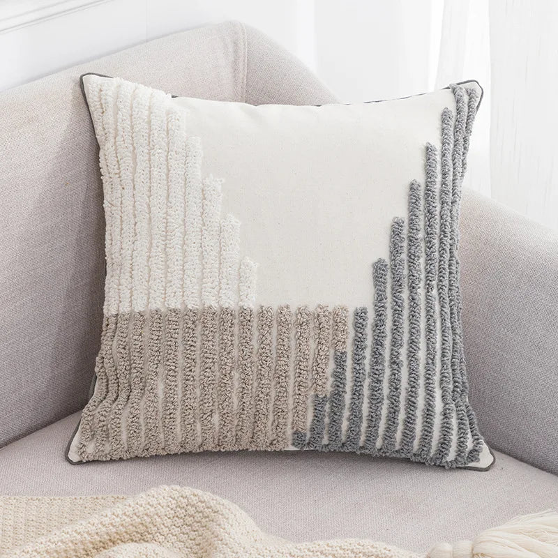 DecorBites™ Boho Tufted Embroidered Cotton Canvas Cushion Cover Grey Beige Tassel Pillowcase