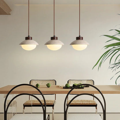 DecorBites™ LED Pendant Light: Japanese Style, Yellow Travertine Wood, Adjustable Hanging Lamp.
