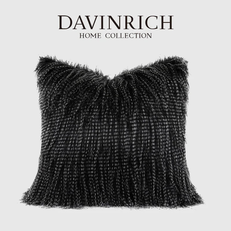 ™ Luxe Black Fluffy Throw Pillow Cover - Modern Simplicity & Art Deco Design