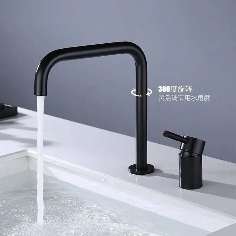 DecorBites™ Black Basin Faucet: Brushed Gold Two-Hole Bathroom Sink Tap with Rotating Spout