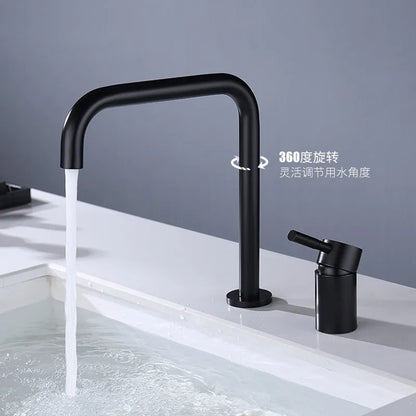 DecorBites™ Black Basin Faucet: Brushed Gold Two-Hole Bathroom Sink Tap with Rotating Spout