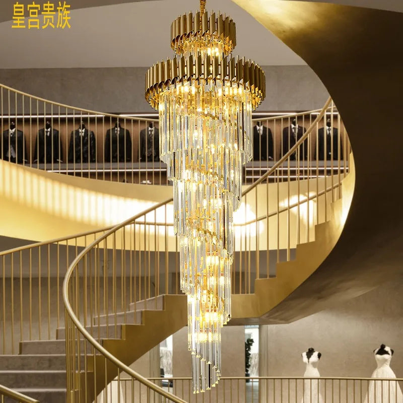 ™ Gold Black Crystal Chandelier Staircase Lights 3m Long Luxury Villa Lighting