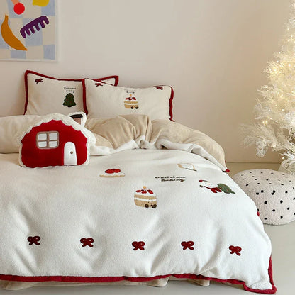 DecorBites™ Cartoon Embroidered Cashmere Winter Bedding Set - Queen Size
