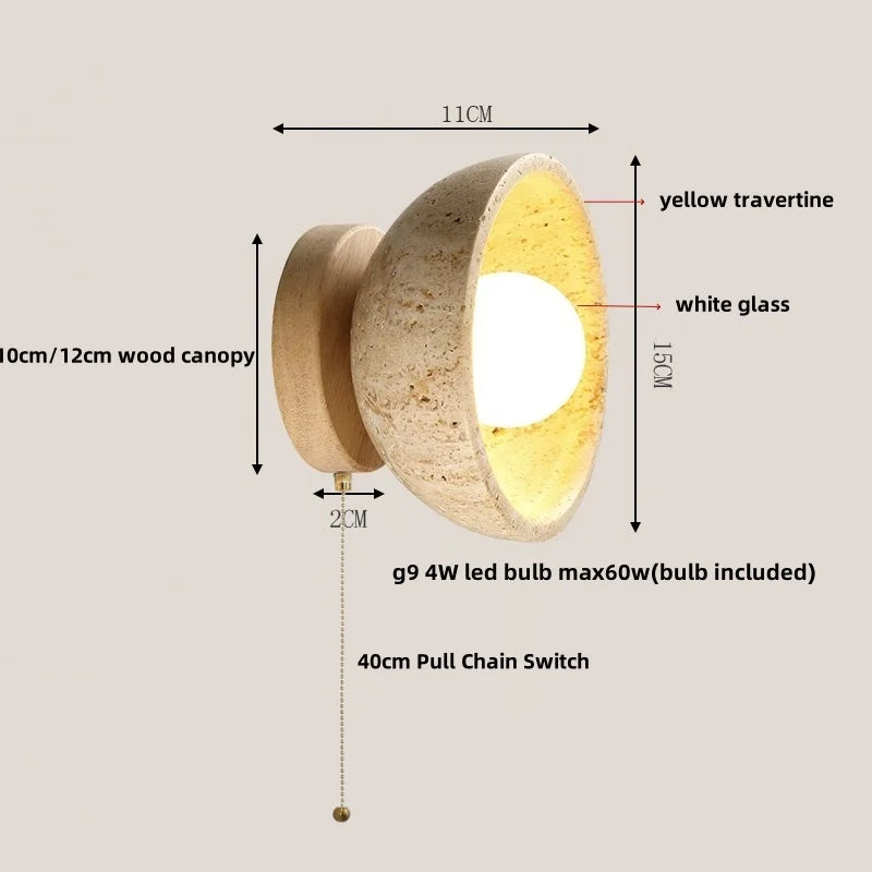 DecorBites™ LED Wall Light Travertine Base Modern Nordic Pull Chain Bedside Lamp