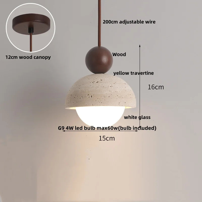 DecorBites™ LED Pendant Lamp with Wood Canopy & White Glass Chandelier - Yellow Travertine Kitchen Bedroom Lighting