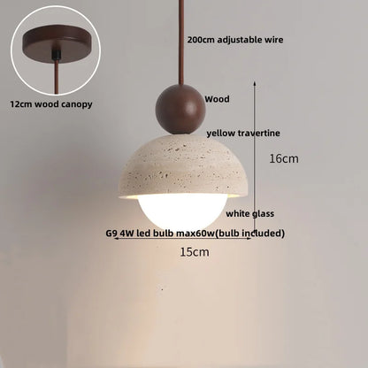 DecorBites™ LED Pendant Lamp with Wood Canopy & White Glass Chandelier - Yellow Travertine Kitchen Bedroom Lighting