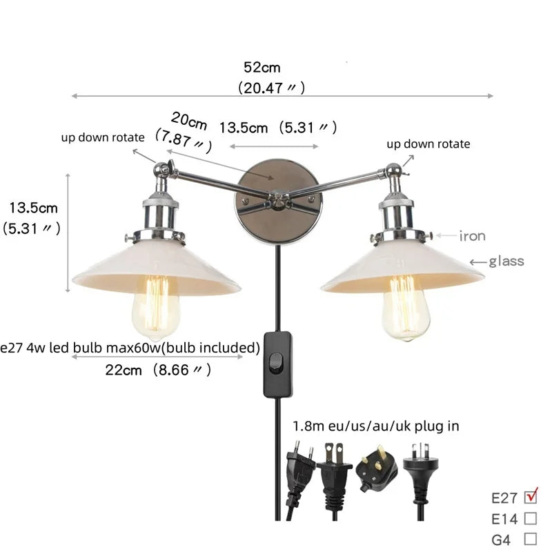 DecorBites™ Glass 2-Light Wall Sconce with Pull Chain Switch for Bedroom and Bathroom