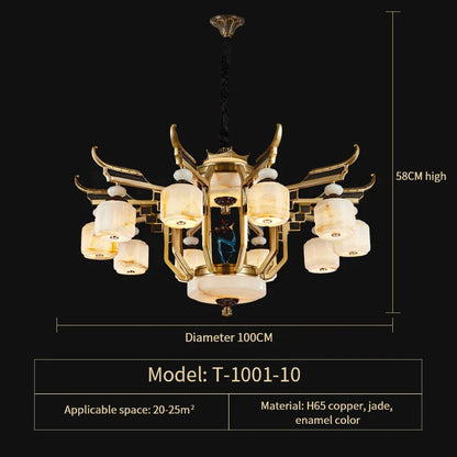 DecorBites™ All Copper Jade Chandelier for Villa Living Room, Dining Room - Chinese Style Duplex Copper Lamp