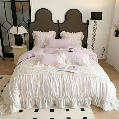DecorBites™ Pink French Princess Bedding Set, Queen Size, Soft & Cozy with Lace Ruffles
