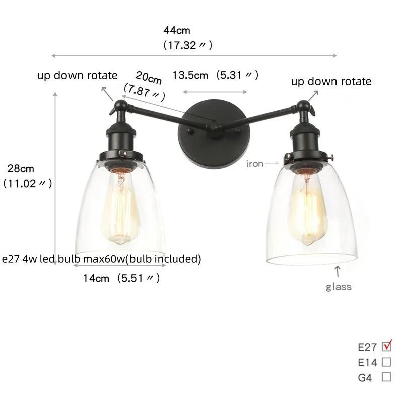 DecorBites™ Black LED Wall Sconce 2-Head Lamp for Bedroom Bathroom Mirror
