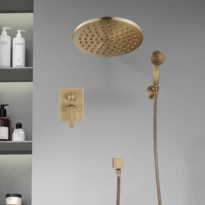 DecorBites™ Antique Brass Shower Faucet Set with 10 Inch Round Head - Bathroom Wall Kit
