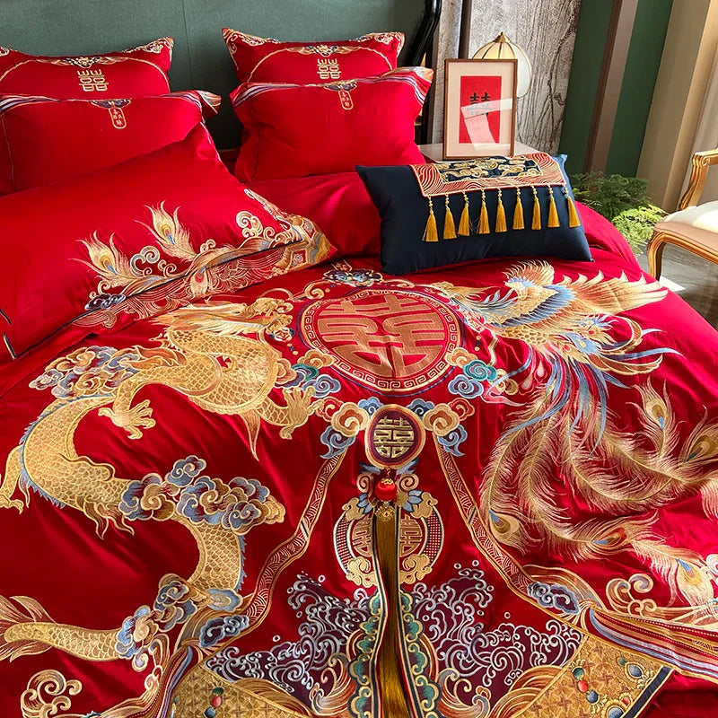 DecorBites™ Luxury Gold Loong Phoenix Embroidery Bedding Set, 1000TC Egyptian Cotton