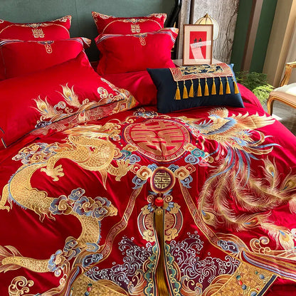DecorBites™ Luxury Gold Loong Phoenix Embroidery Bedding Set, 1000TC Egyptian Cotton