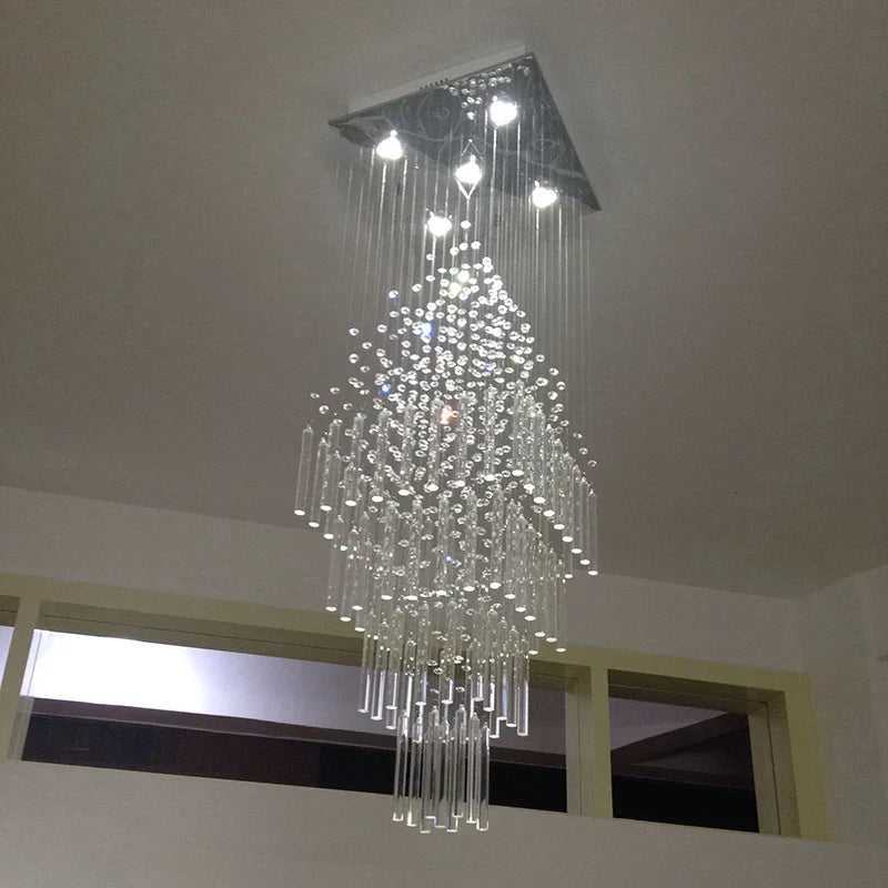 DecorBites™ Columnar Crystal Chandelier with Square Base for Living Room, Stair Loft - Modern Hanging Lamp