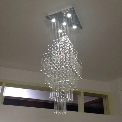 DecorBites™ Columnar Crystal Chandelier with Square Base for Living Room, Stair Loft - Modern Hanging Lamp
