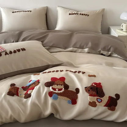 DecorBites™ Cartoon Embroidery Cotton Bedding Set - Summer Cool, Skin Friendly Flat Sheet Kit