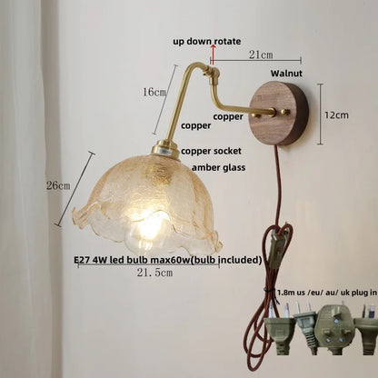 DecorBites™ LED Wall Lights Pull Chain Switch Bedside Lamp Amber Glass Modern Stair Light Fixtures