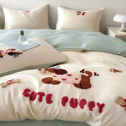 DecorBites™ Cartoon Embroidery Cotton Bedding Set - Summer Cool, Skin Friendly Flat Sheet Kit