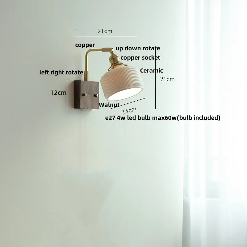 ™ Globe Ceramic Walnut Wood Wall Light with Pull Chain Switch and Rotatable Design