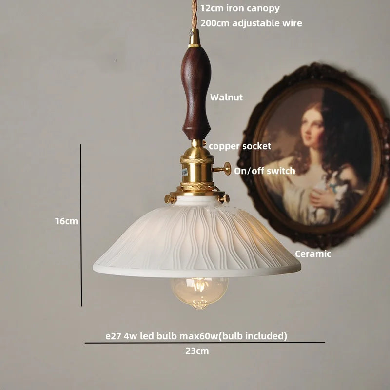 DecorBites™ LED Pendant Light Ash Wood White Ceramic Japanese Style Hanging Lamp