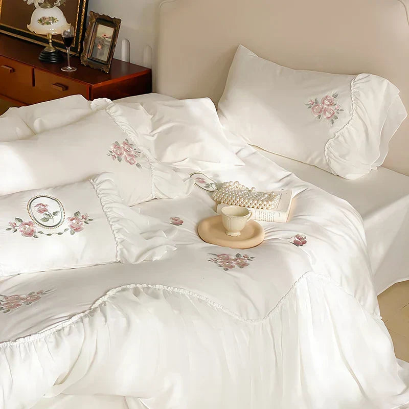 ™ Lace Ruffles Flowers Embroidery 4Pc Egyptian Cotton Bedding Set