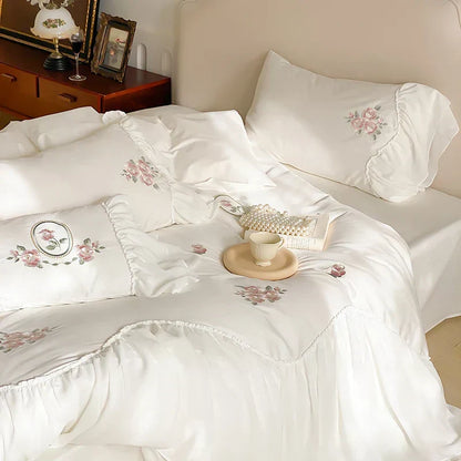™ Lace Ruffles Flowers Embroidery 4Pc Egyptian Cotton Bedding Set