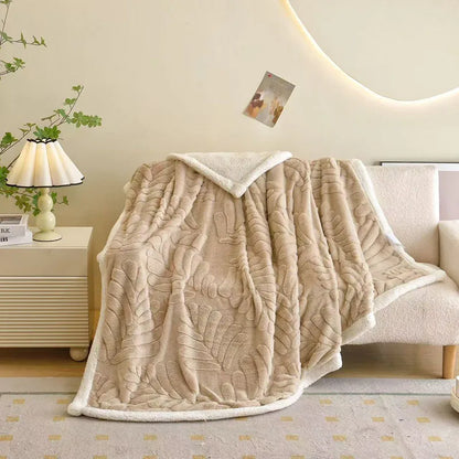 DecorBites™ Banana Leaf Jacquard Faux Rabbit Fur Double Layer Lamb Bedspread