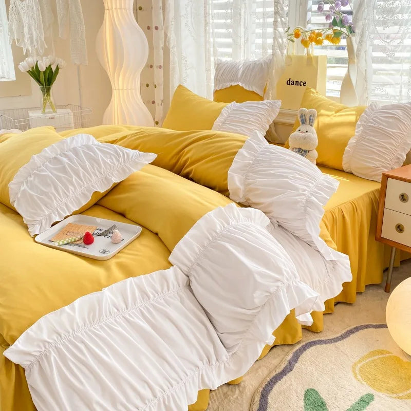 ™ Lace Trim Solid Cotton Bedding Set - Queen/King/Double/Single Sizes