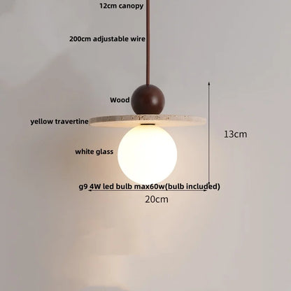 DecorBites™ LED Pendant Light: Japanese Style, Yellow Travertine Wood, Adjustable Hanging Lamp.