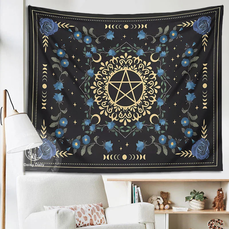 DecorBites™ Blue Rose Moon Floral Tapestry Wall Hanging Botanical Tarot Mat