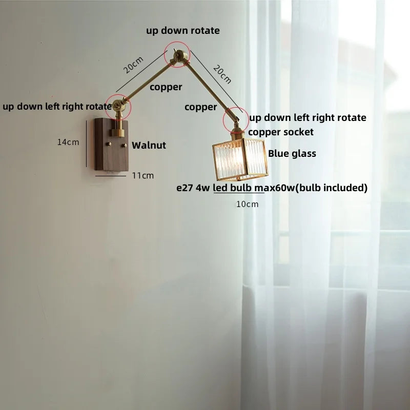 DecorBites™ Ash Wood LED Swing Arm Wall Light with Pull Chain Switch & Blue Glass