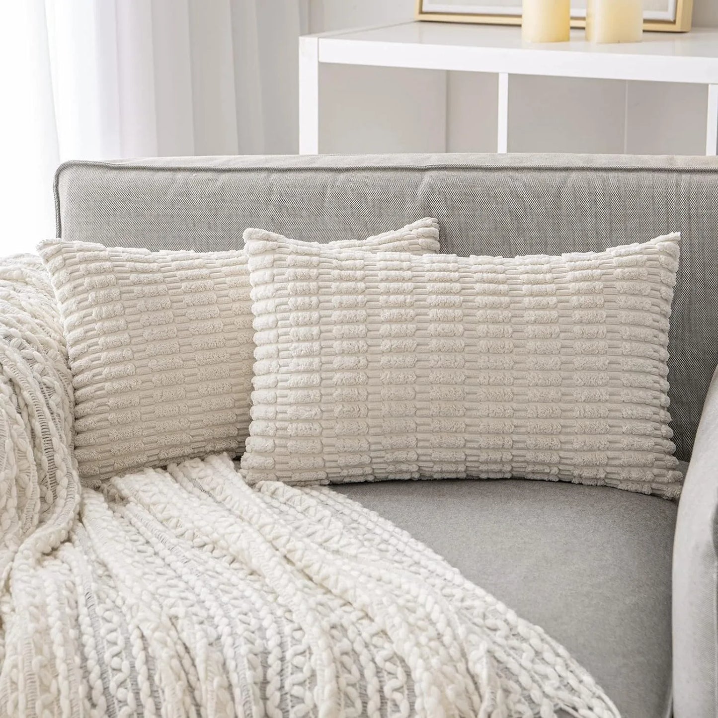 DecorBites™ Black Striped Corduroy Throw Pillow Cover 18x18 Inch Square Cushion Case White Pillowcase