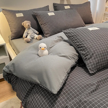 DecorBites™ Cozy Plaid Duvet Cover | Simple Nordic Comforter Cover | Non-Fading Washed Cotton Bedding