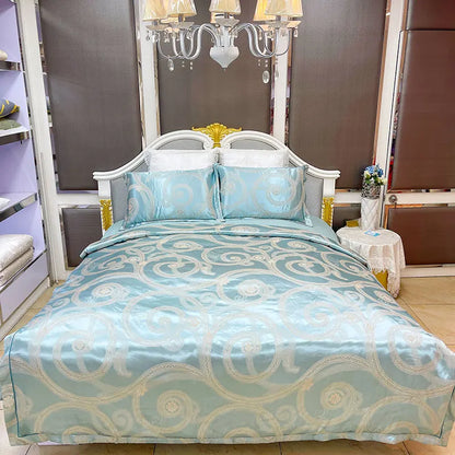 DecorBites™ Blue Satin Jacquard Queen Duvet Cover Set with Sheet & Pillowcases