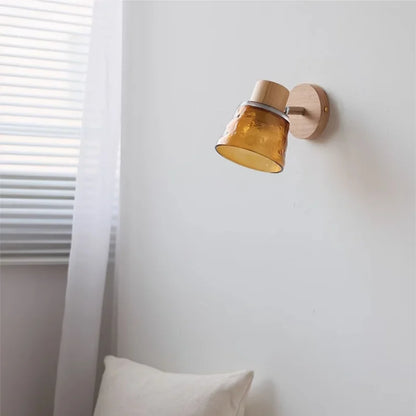 DecorBites™ Amber Glass LED Wall Sconce Nordic Modern Wood Pull Chain Switch Stair Light