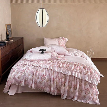 DecorBites™ Luxe Lace Ruffles Wedding Bedding Set: Duvet Cover, Bed Sheet, 2 Pillowcases