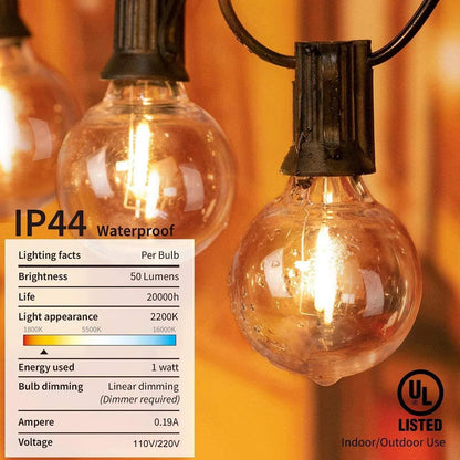 DecorBites™ G40 Amber Glass Warm White LED String Lights for Patio Decor, Dimmable 1W Eqv