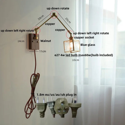 DecorBites™ Ash Wood LED Swing Arm Wall Light with Pull Chain Switch & Blue Glass