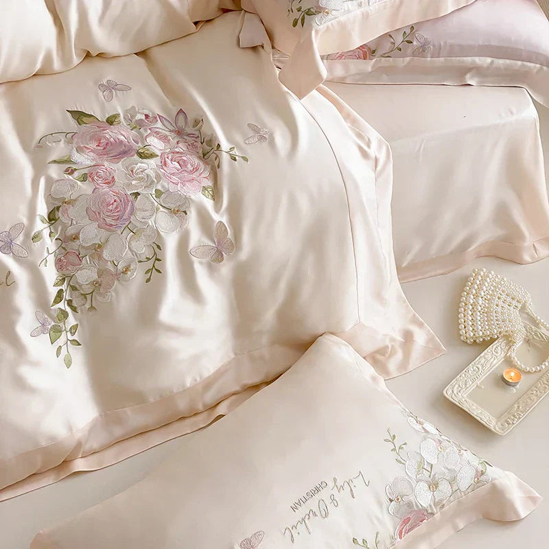 DecorBites™ Butterfly Flowers Embroidery Bedding Set 800TC Soft Silky Duvet Cover Set
