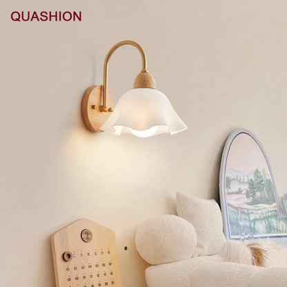 DecorBites™ Cream LED Wooden Flower Wall Lamp, Modern Bedroom Bedside Reading Light