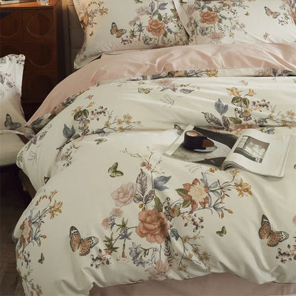 DecorBites™ Butterfly Blooming Flowers Print 100% Egyptian Cotton Bedding Set