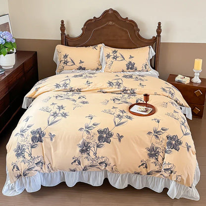 DecorBites™ French Flowers Lace Ruffles Princess Bedding Set with Bed Sheet Pillowcases