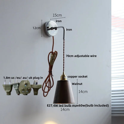 DecorBites™ Ash Wood LED Wall Light with Pull Chain Switch – Japanese Style Bedside Lamp