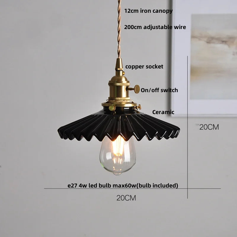 DecorBites™ LED Pendant Light Fixture Walnut Wood Ceramic Knob Switch Hanging Lamp