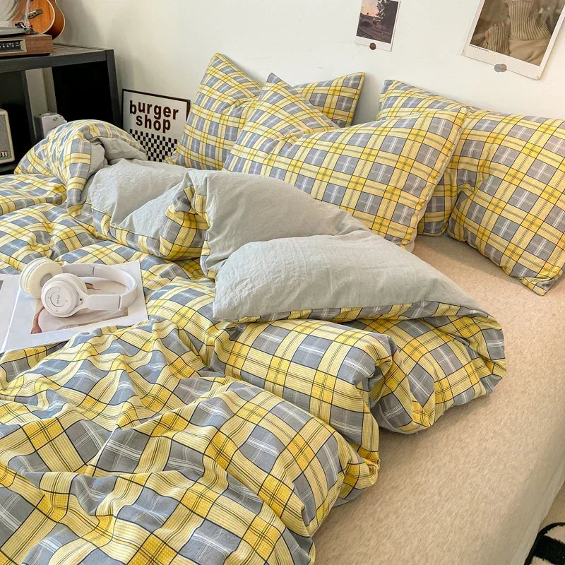 DecorBites™ Japanese Style Check Duvet Cover Set - Soft Washed Quilt Cover & Pillowcase