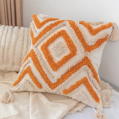 DecorBites™ Boho Square Pillowcase with Embroidery & Tassel Detail for Living Room Sofa