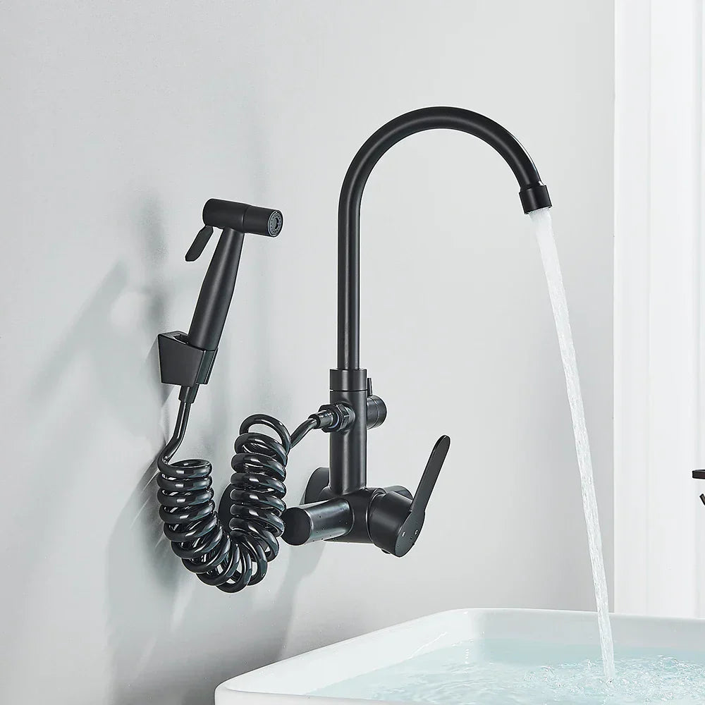 DecorBites™ Black SUS 304 Wall Mounted Gourmet Kitchen Faucet with Extendable Bidet