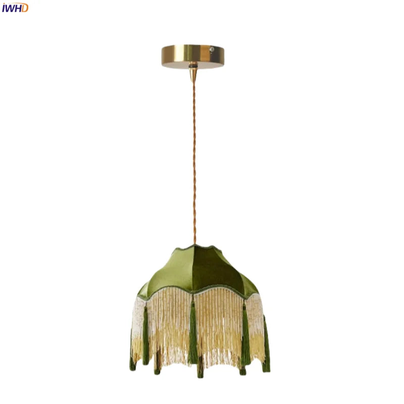 DecorBites™ Green Tassel LED Pendant Light - American Vintage Hanging Lamp for Home and Café.