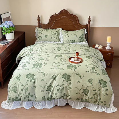 DecorBites™ French Flowers Lace Ruffles Princess Bedding Set with Bed Sheet Pillowcases