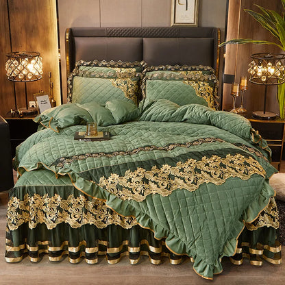 DecorBites™ Black Gold Luxury Crystal Velvet Bedding Set with Quilted Embroidery & Ruffles